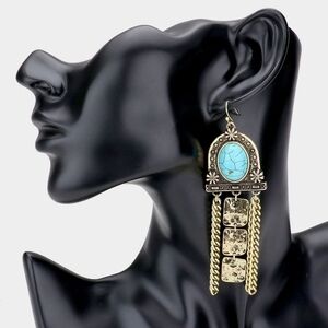 NWT Turquoise Gold Burnished Bohemian Chain Dangle Earrings